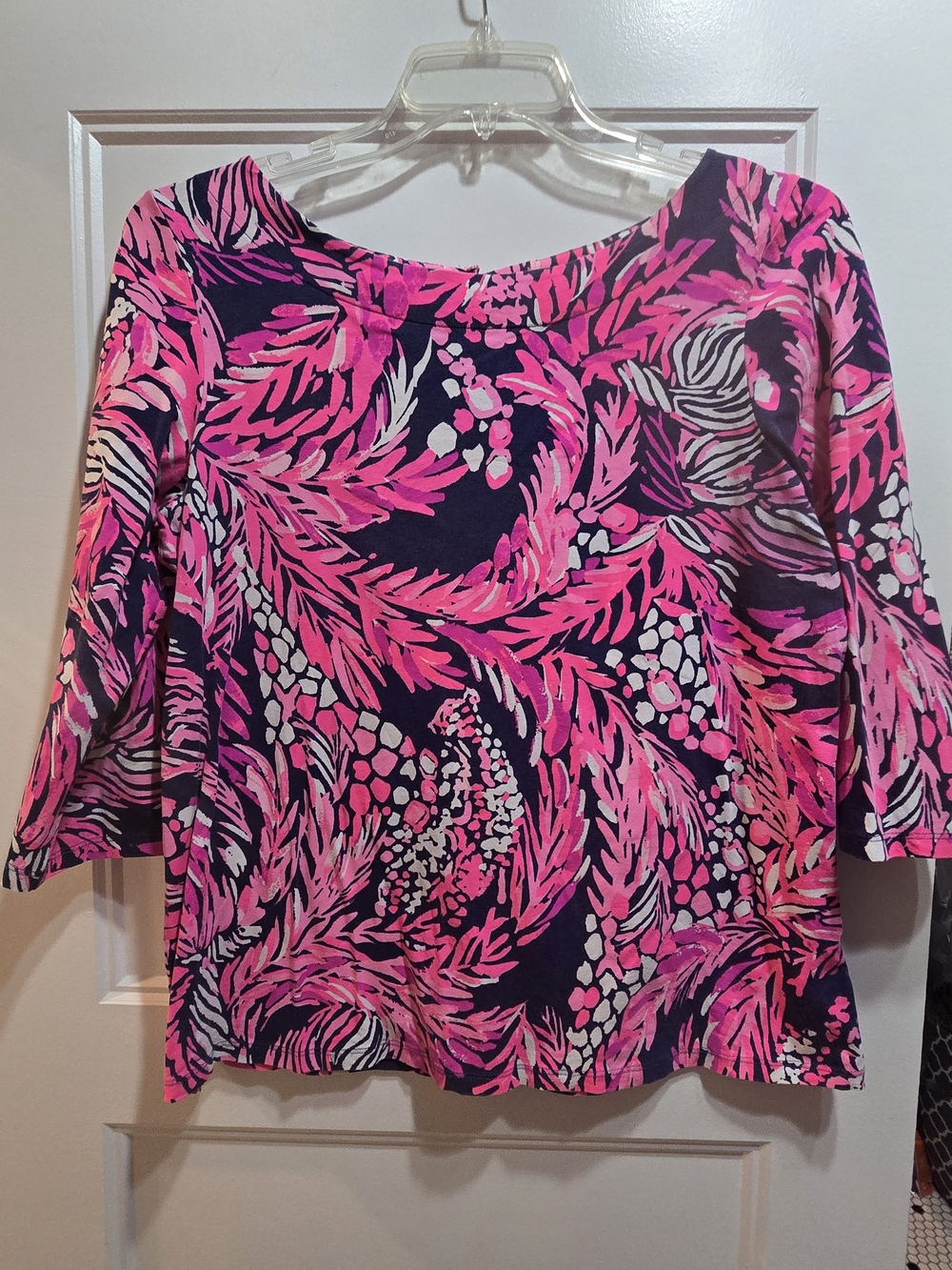 Lilly Pulitzer Pink and Navy Tropical-Print Boatneck Tunic Size L